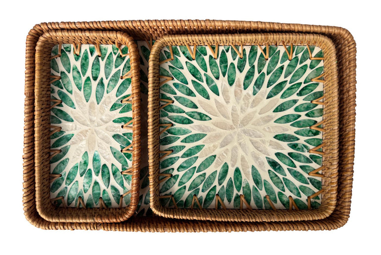 Rattan Tray with Mother of Pearl Inlay Base, Handmade Woven Serving Tray, Boho Coastal Coffee Table Decor, Made in Vietnam 82
