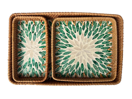 Rattan Tray with Mother of Pearl Inlay Base, Handmade Woven Serving Tray, Boho Coastal Coffee Table Decor, Made in Vietnam 82