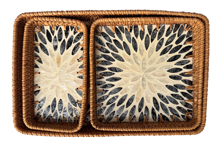 Rattan Tray with Mother of Pearl Inlay Base, Handmade Woven Serving Tray, Boho Coastal Coffee Table Decor, Made in Vietnam 81