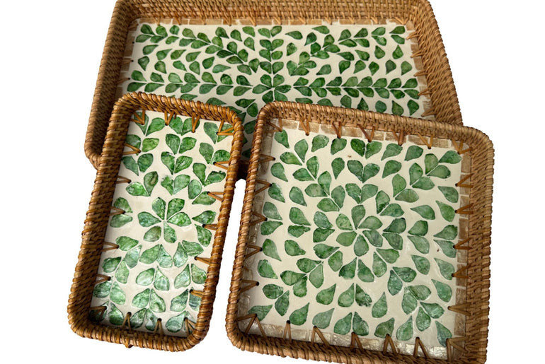 Rattan Tray with Mother of Pearl Inlay Base, Handmade Woven Serving Tray, Boho Coastal Coffee Table Decor, Made in Vietnam 96