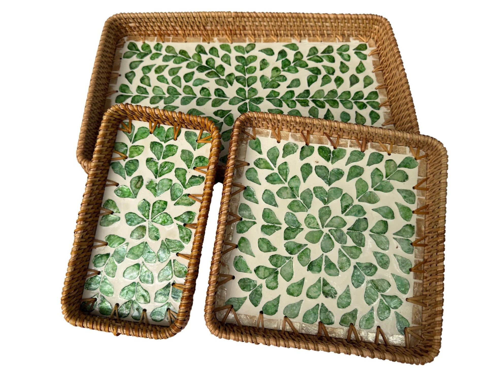 Rattan Tray with Mother of Pearl Inlay Base, Handmade Woven Serving Tray, Boho Coastal Coffee Table Decor, Made in Vietnam 96
