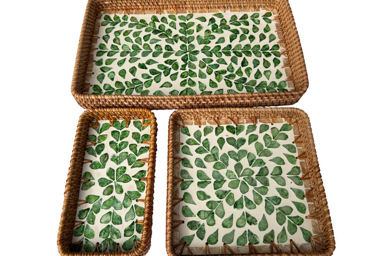 Rattan Tray with Mother of Pearl Inlay Base, Handmade Woven Serving Tray, Boho Coastal Coffee Table Decor, Made in Vietnam 96