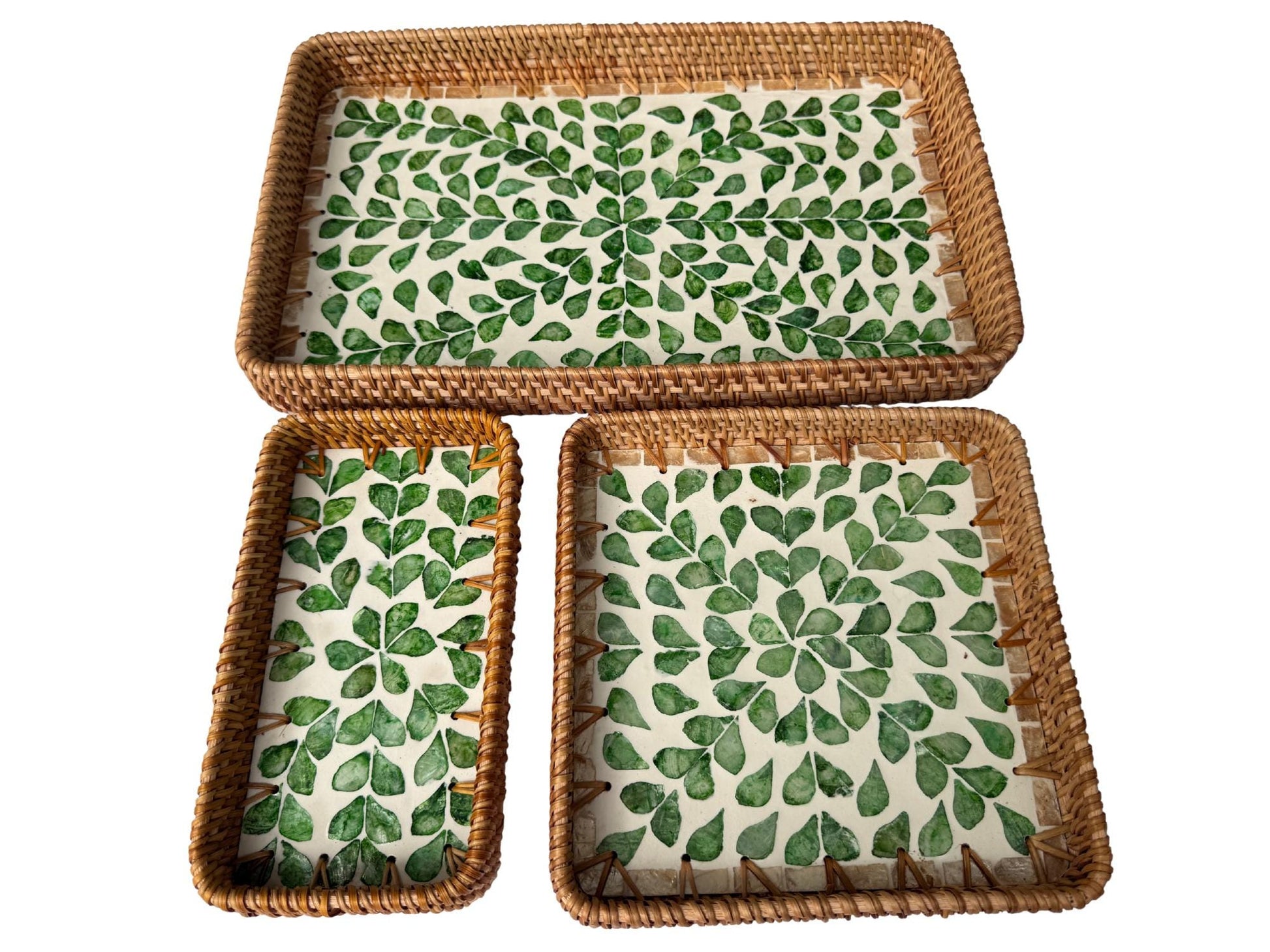 Rattan Tray with Mother of Pearl Inlay Base, Handmade Woven Serving Tray, Boho Coastal Coffee Table Decor, Made in Vietnam 96