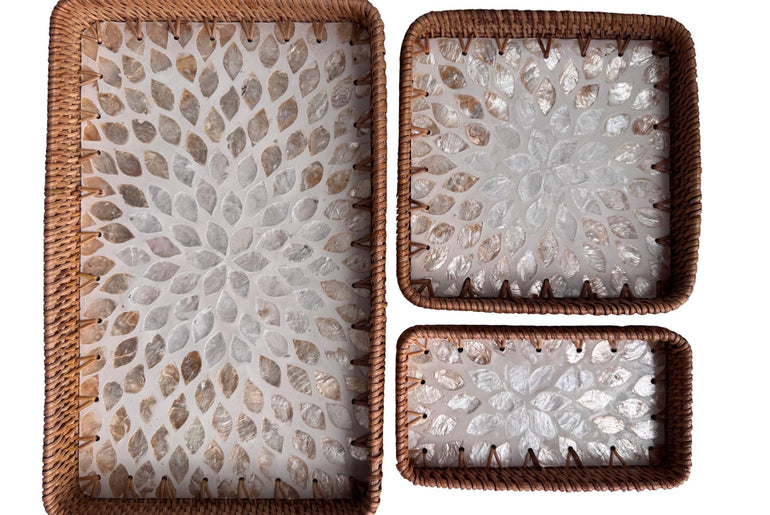 Rattan Tray with Mother of Pearl Inlay Base, Handmade Woven Serving Tray, Boho Coastal Coffee Table Decor, Made in Vietnam 148