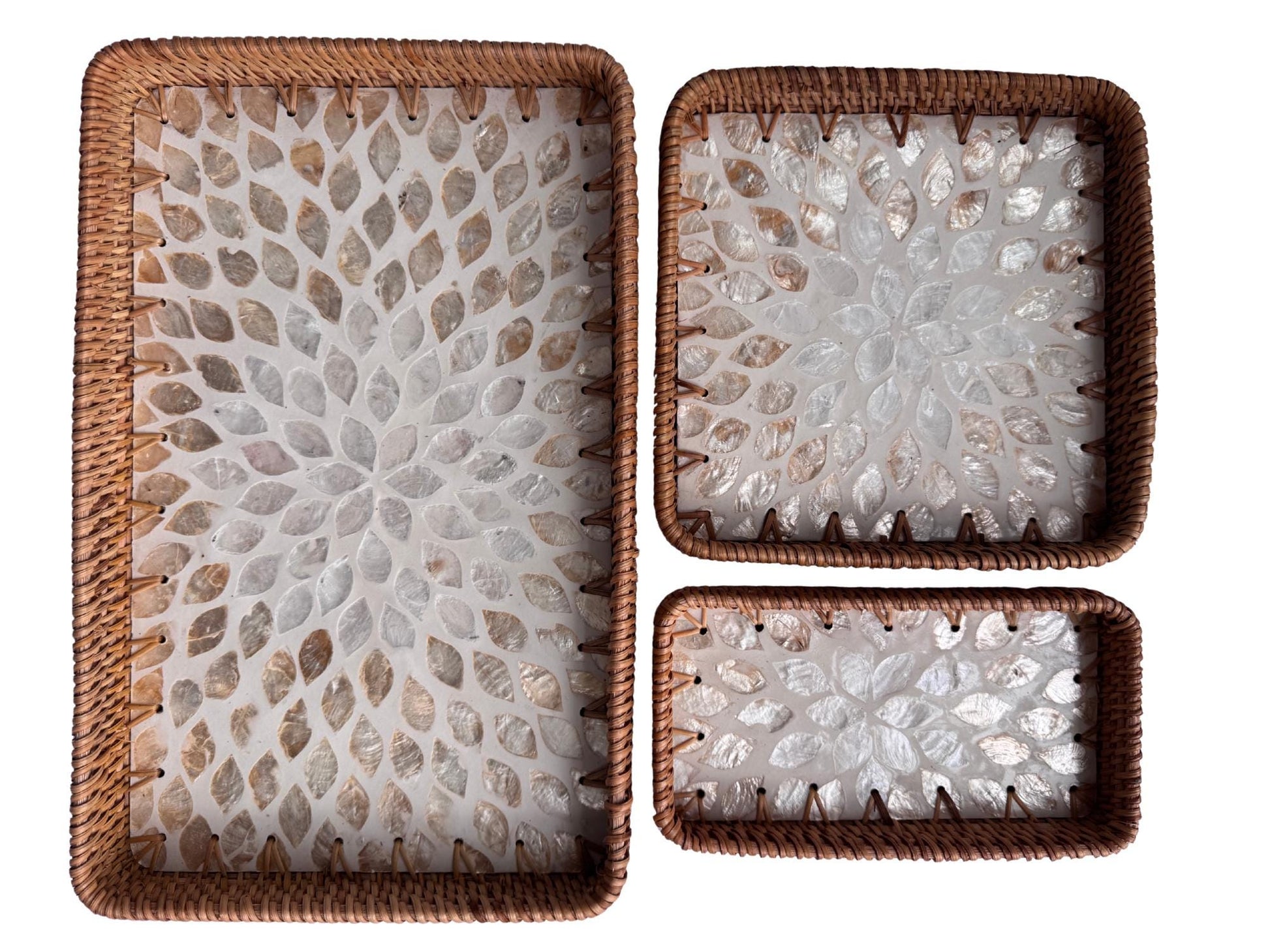Rattan Tray with Mother of Pearl Inlay Base, Handmade Woven Serving Tray, Boho Coastal Coffee Table Decor, Made in Vietnam 148