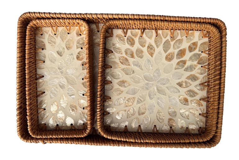 Rattan Tray with Mother of Pearl Inlay Base, Handmade Woven Serving Tray, Boho Coastal Coffee Table Decor, Made in Vietnam 148