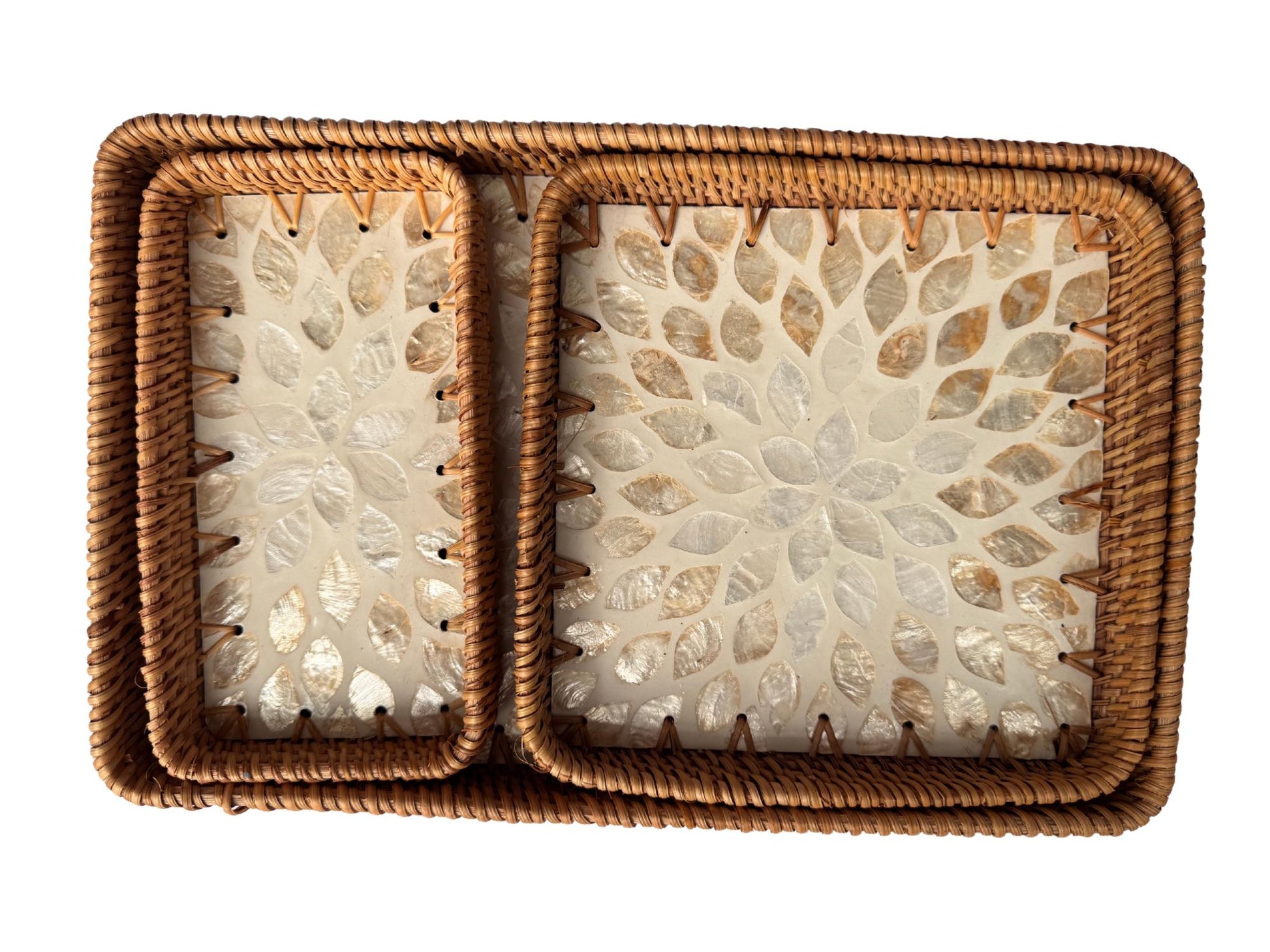 Rattan Tray with Mother of Pearl Inlay Base, Handmade Woven Serving Tray, Boho Coastal Coffee Table Decor, Made in Vietnam 148
