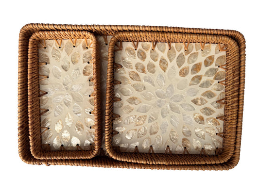 Rattan Tray with Mother of Pearl Inlay Base, Handmade Woven Serving Tray, Boho Coastal Coffee Table Decor, Made in Vietnam 148