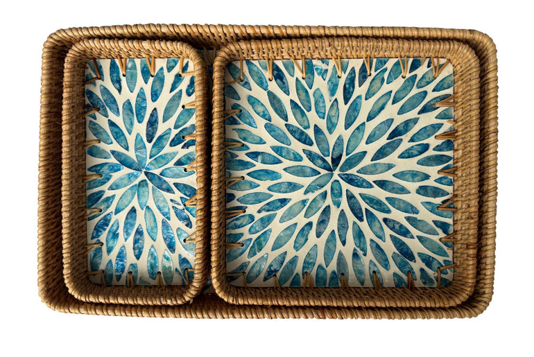 Rattan Tray with Mother of Pearl Inlay Base, Handmade Woven Serving Tray, Boho Coastal Coffee Table Decor, Made in Vietnam 77