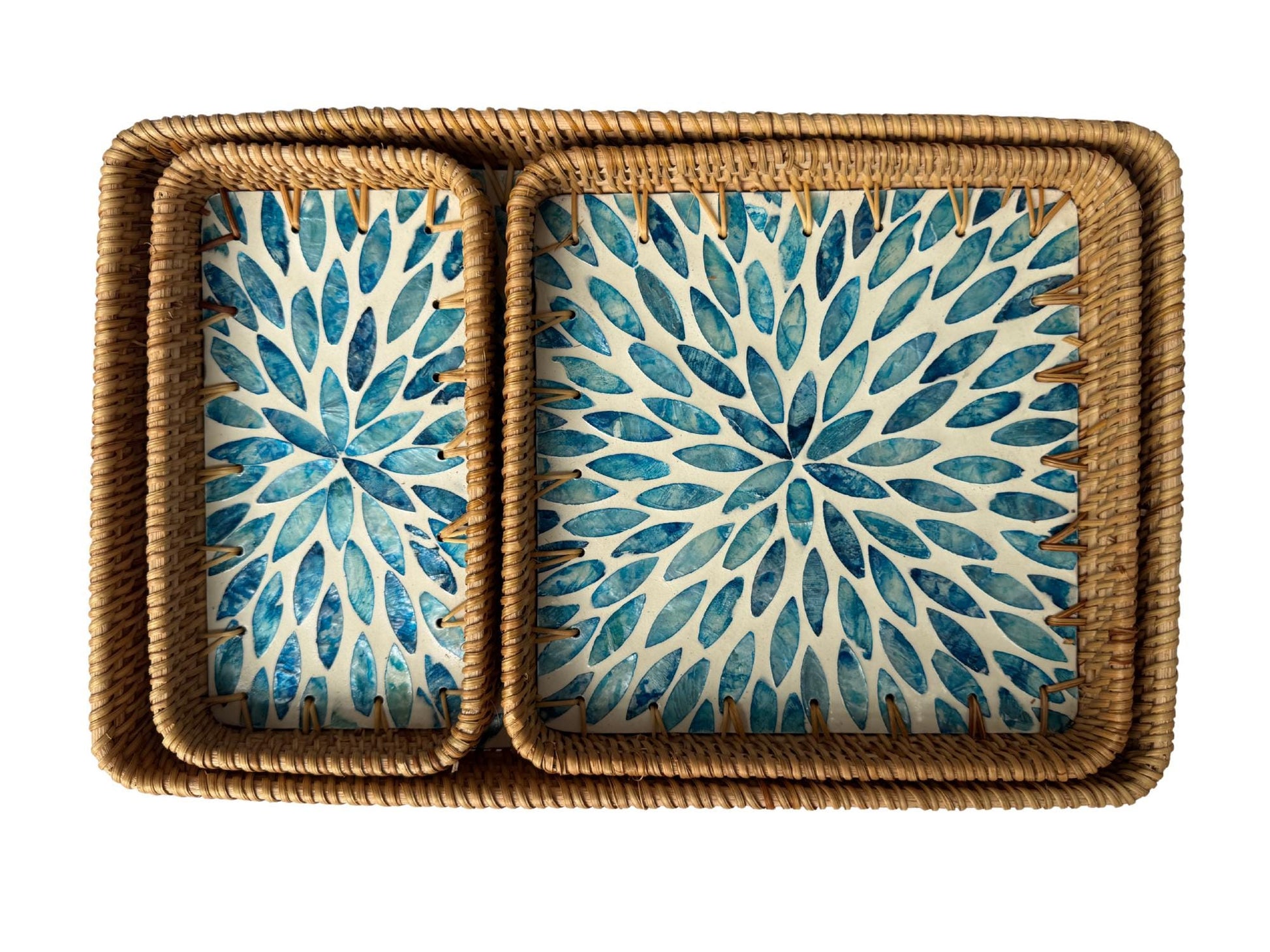 Rattan Tray with Mother of Pearl Inlay Base, Handmade Woven Serving Tray, Boho Coastal Coffee Table Decor, Made in Vietnam 77