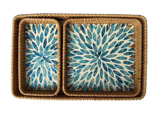 Rattan Tray with Mother of Pearl Inlay Base, Handmade Woven Serving Tray, Boho Coastal Coffee Table Decor, Made in Vietnam 77