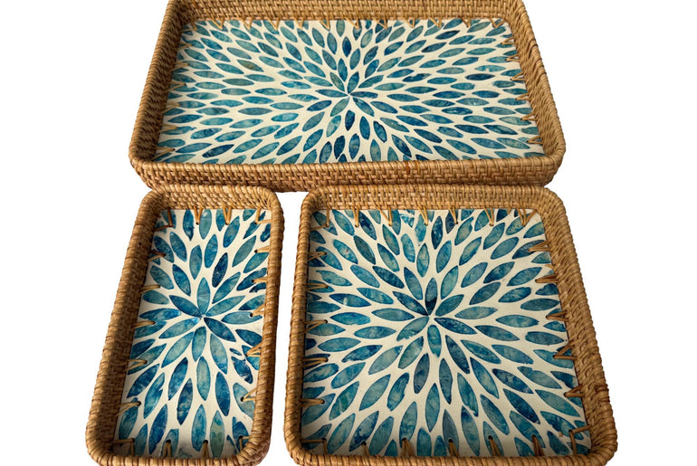 Rattan Tray with Mother of Pearl Inlay Base, Handmade Woven Serving Tray, Boho Coastal Coffee Table Decor, Made in Vietnam 77