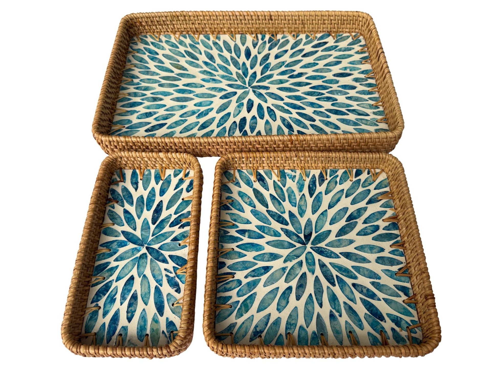 Rattan Tray with Mother of Pearl Inlay Base, Handmade Woven Serving Tray, Boho Coastal Coffee Table Decor, Made in Vietnam 77