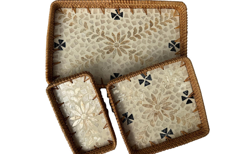 Rattan Tray with Mother of Pearl Inlay Base, Handmade Woven Serving Tray, Boho Coastal Coffee Table Decor, Made in Vietnam 94