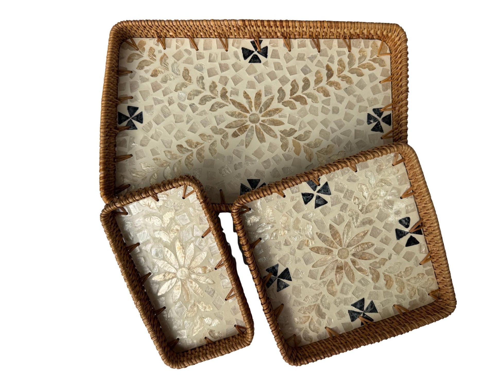 Rattan Tray with Mother of Pearl Inlay Base, Handmade Woven Serving Tray, Boho Coastal Coffee Table Decor, Made in Vietnam 94
