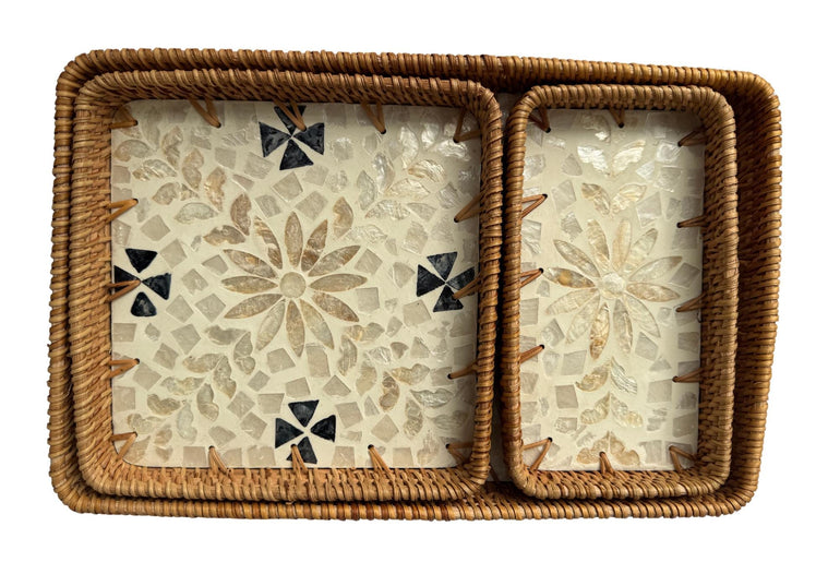 Rattan Tray with Mother of Pearl Inlay Base, Handmade Woven Serving Tray, Boho Coastal Coffee Table Decor, Made in Vietnam 94