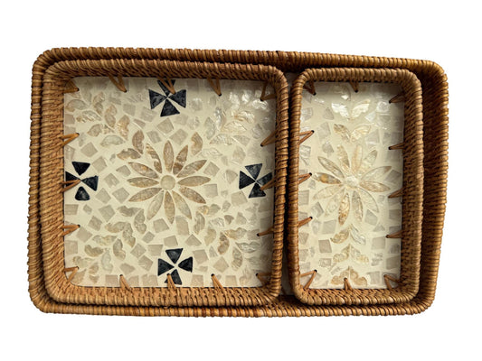 Rattan Tray with Mother of Pearl Inlay Base, Handmade Woven Serving Tray, Boho Coastal Coffee Table Decor, Made in Vietnam 94