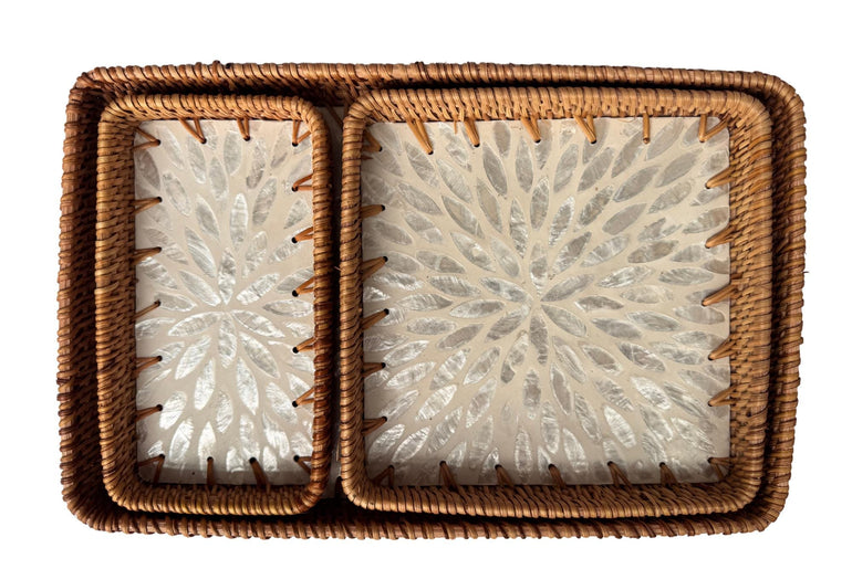 Rattan Tray with Mother of Pearl Inlay Base, Handmade Woven Serving Tray, Boho Coastal Coffee Table Decor, Made in Vietnam 95