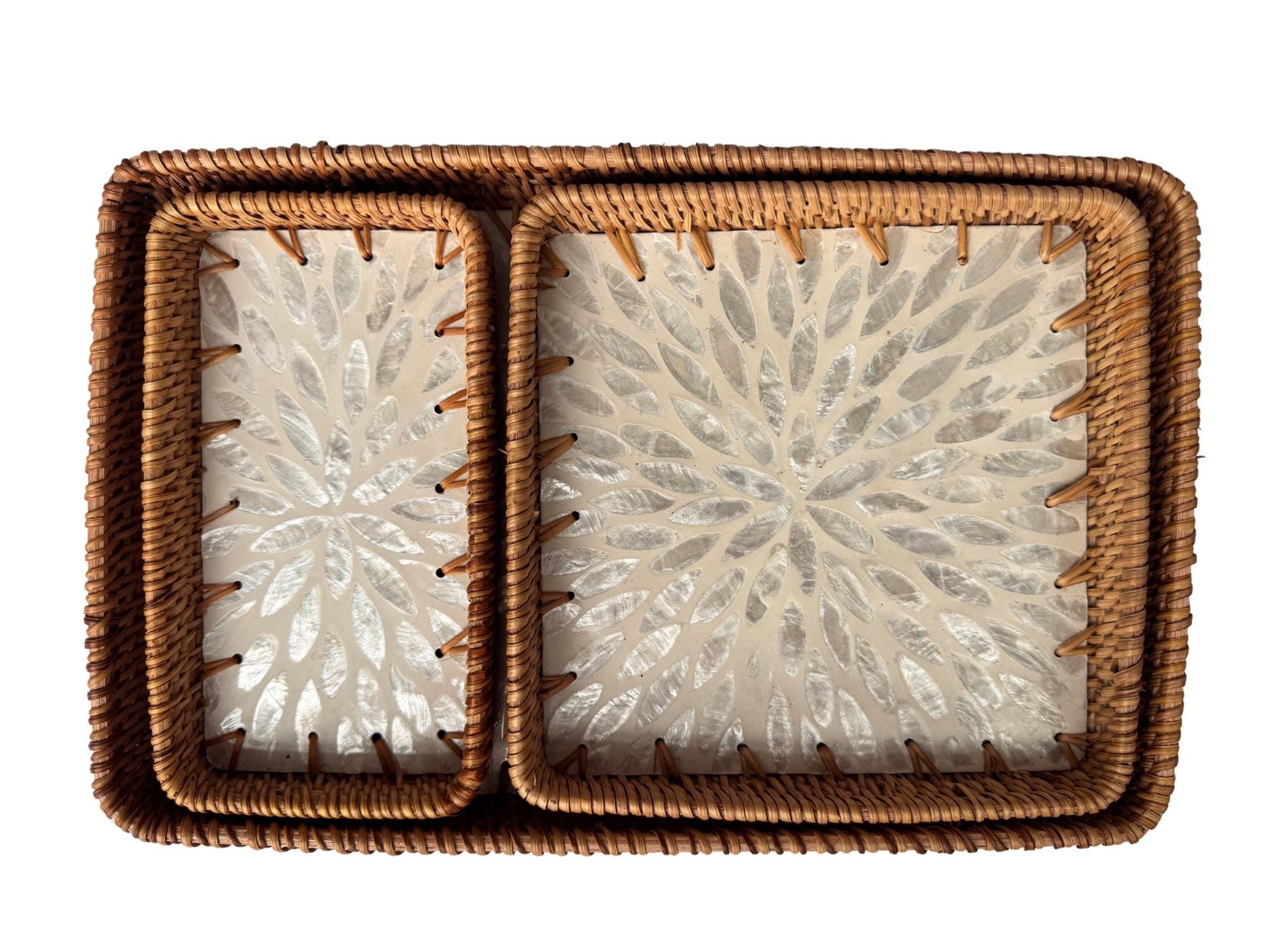 Rattan Tray with Mother of Pearl Inlay Base, Handmade Woven Serving Tray, Boho Coastal Coffee Table Decor, Made in Vietnam 95