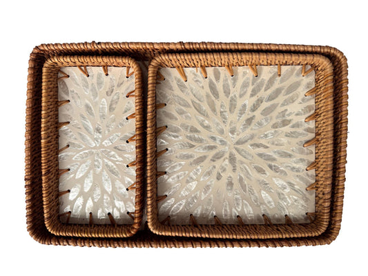 Rattan Tray with Mother of Pearl Inlay Base, Handmade Woven Serving Tray, Boho Coastal Coffee Table Decor, Made in Vietnam 95