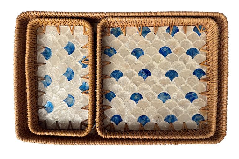 Rattan Tray with Mother of Pearl Inlay Base, Handmade Woven Serving Tray, Boho Coastal Coffee Table Decor, Made in Vietnam 78