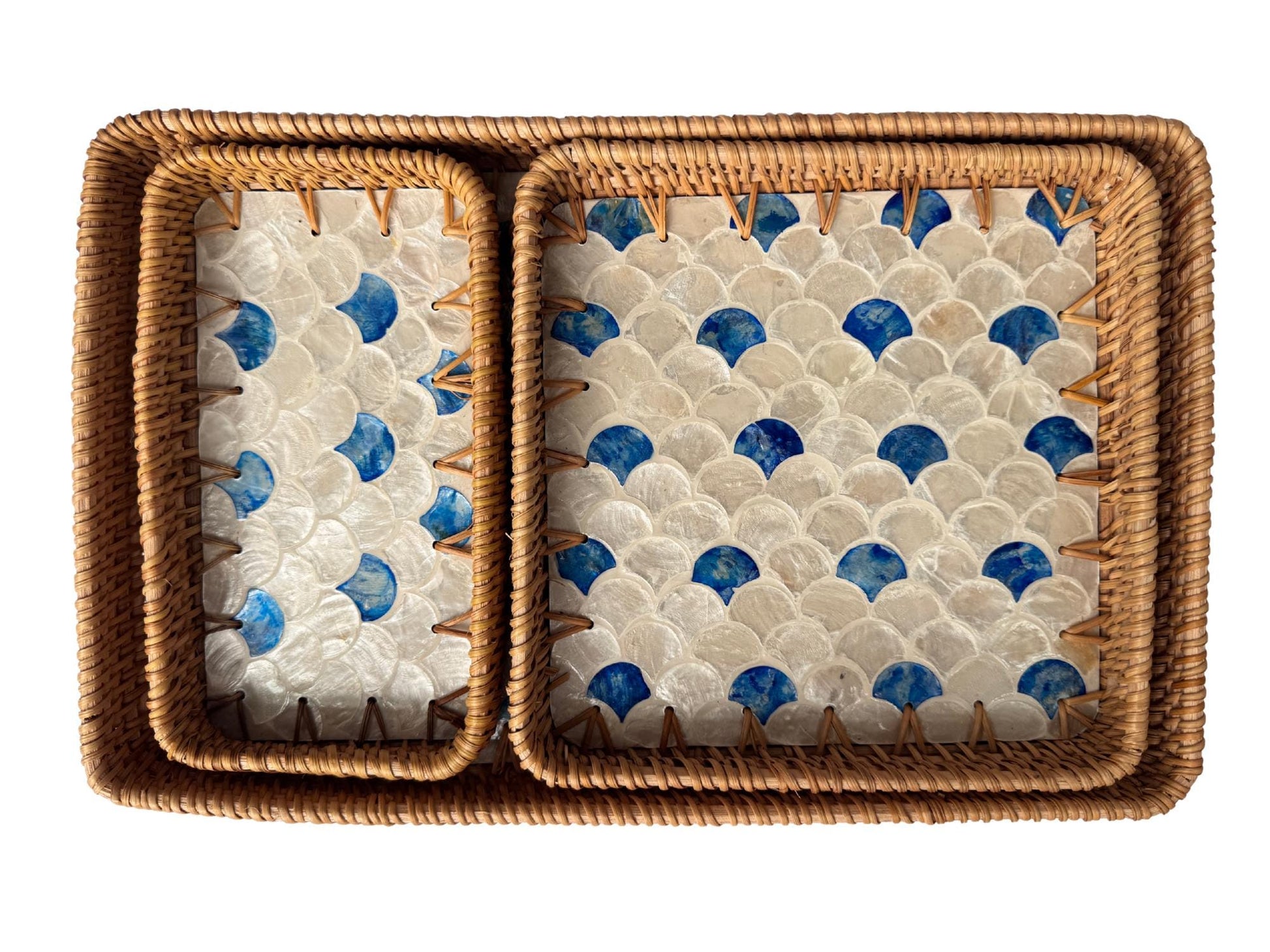 Rattan Tray with Mother of Pearl Inlay Base, Handmade Woven Serving Tray, Boho Coastal Coffee Table Decor, Made in Vietnam 78