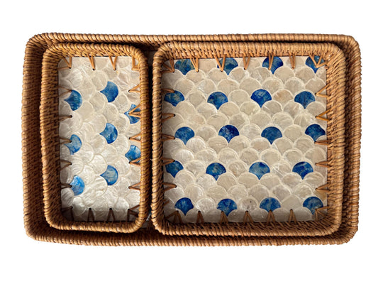 Rattan Tray with Mother of Pearl Inlay Base, Handmade Woven Serving Tray, Boho Coastal Coffee Table Decor, Made in Vietnam 78