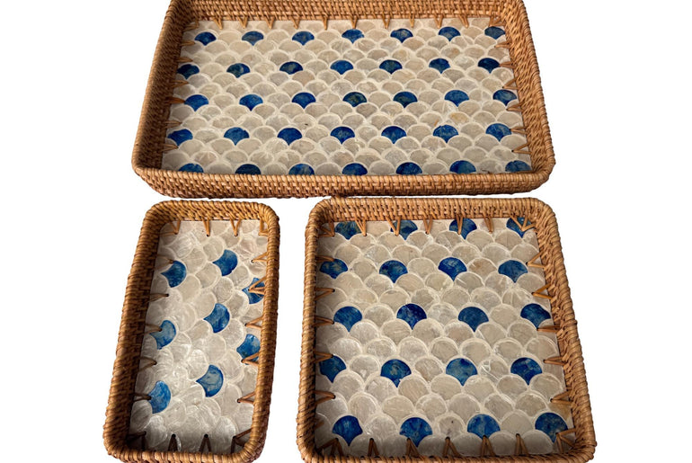 Rattan Tray with Mother of Pearl Inlay Base, Handmade Woven Serving Tray, Boho Coastal Coffee Table Decor, Made in Vietnam 78