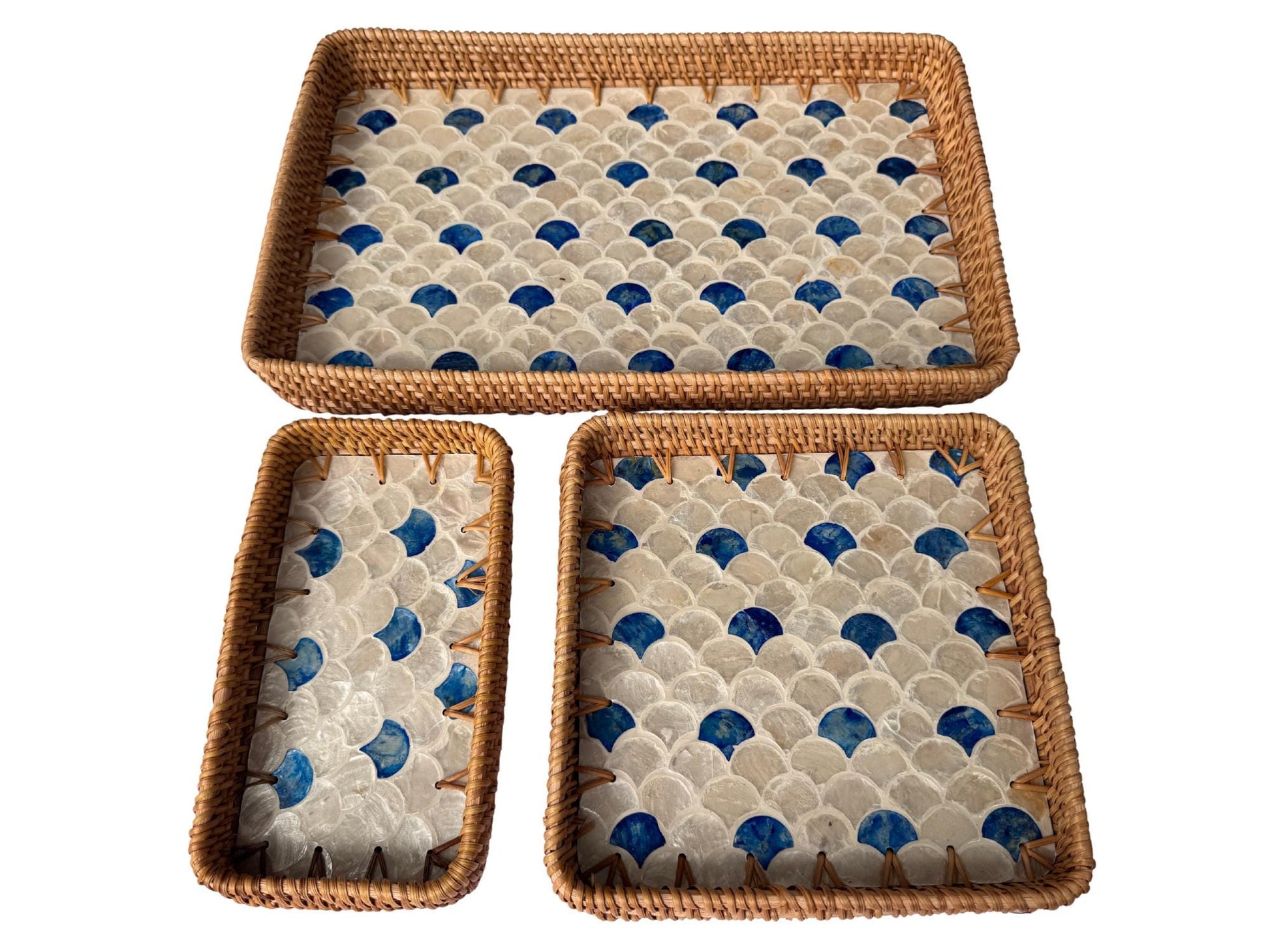 Rattan Tray with Mother of Pearl Inlay Base, Handmade Woven Serving Tray, Boho Coastal Coffee Table Decor, Made in Vietnam 78