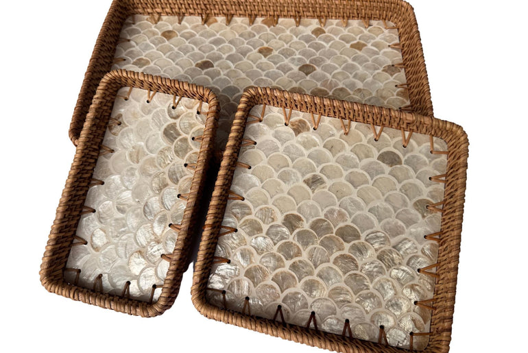 Rattan Tray with Mother of Pearl Inlay Base, Handmade Woven Serving Tray, Boho Coastal Coffee Table Decor, Made in Vietnam 93