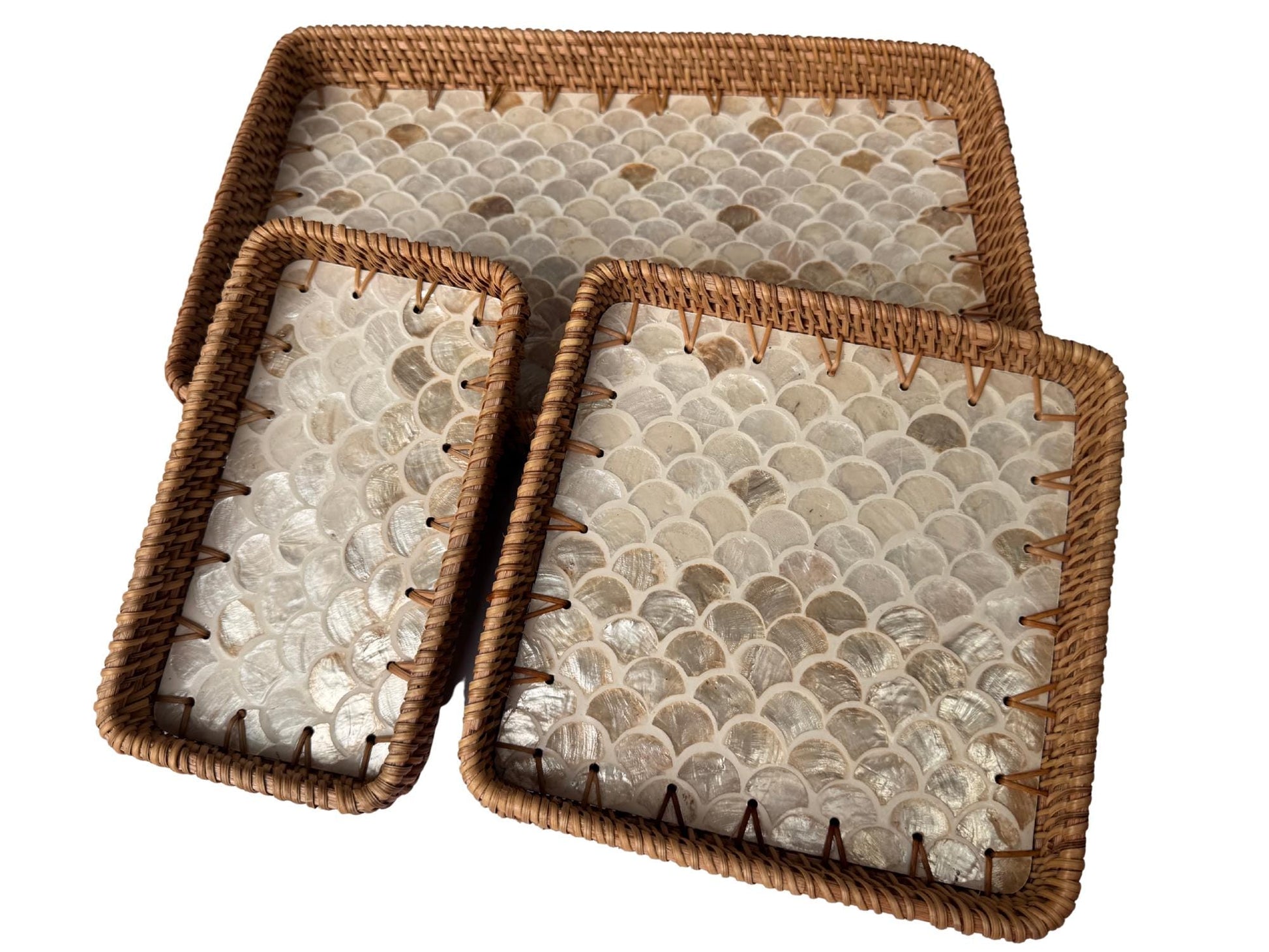 Rattan Tray with Mother of Pearl Inlay Base, Handmade Woven Serving Tray, Boho Coastal Coffee Table Decor, Made in Vietnam 93