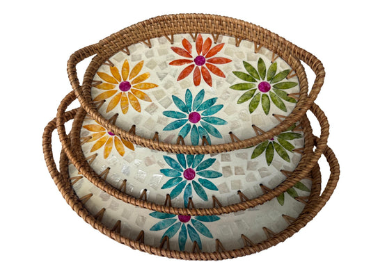 Oval Rattan Tray with Handles and Mother of Pearl Inlay Base, Handmade Woven Serving Tray, Boho Home Decor, Handmade Vietnam 129