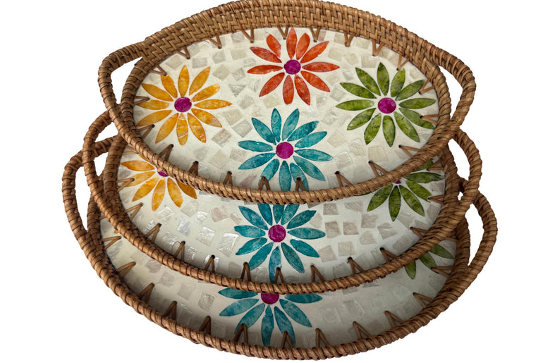 Oval Rattan Tray with Handles and Mother of Pearl Inlay Base, Handmade Woven Serving Tray, Boho Home Decor, Handmade Vietnam 108