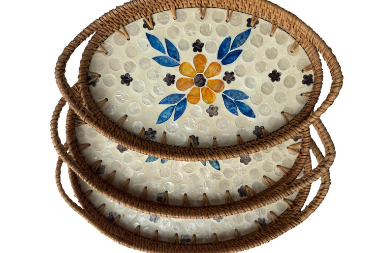 Oval Rattan Tray with Handles and Mother of Pearl Inlay Base, Handmade Woven Serving Tray, Boho Home Decor, Handmade Vietnam 109