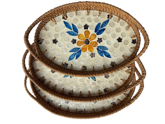 Oval Rattan Tray with Handles and Mother of Pearl Inlay Base, Handmade Woven Serving Tray, Boho Home Decor, Handmade Vietnam 109
