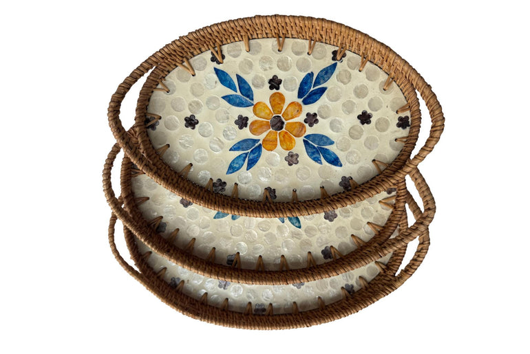 Oval Rattan Tray with Handles and Mother of Pearl Inlay Base, Handmade Woven Serving Tray, Boho Home Decor, Handmade Vietnam 109