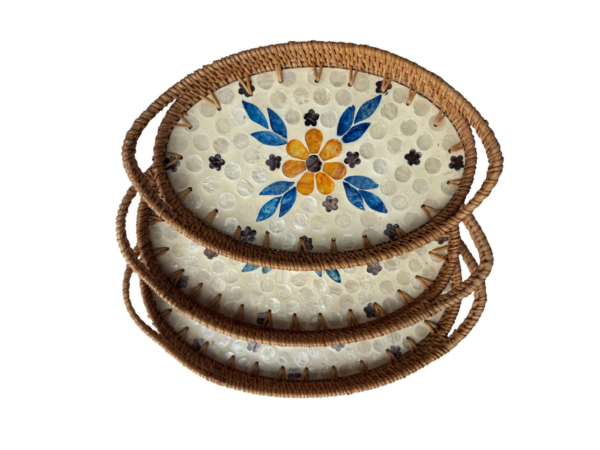 Oval Rattan Tray with Handles and Mother of Pearl Inlay Base, Handmade Woven Serving Tray, Boho Home Decor, Handmade Vietnam 109