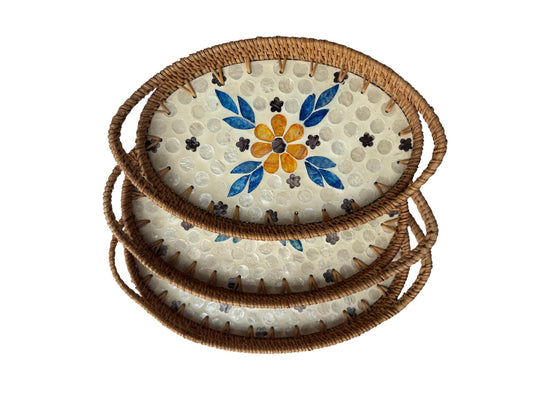 Oval Rattan Tray with Handles and Mother of Pearl Inlay Base, Handmade Woven Serving Tray, Boho Home Decor, Handmade Vietnam 109