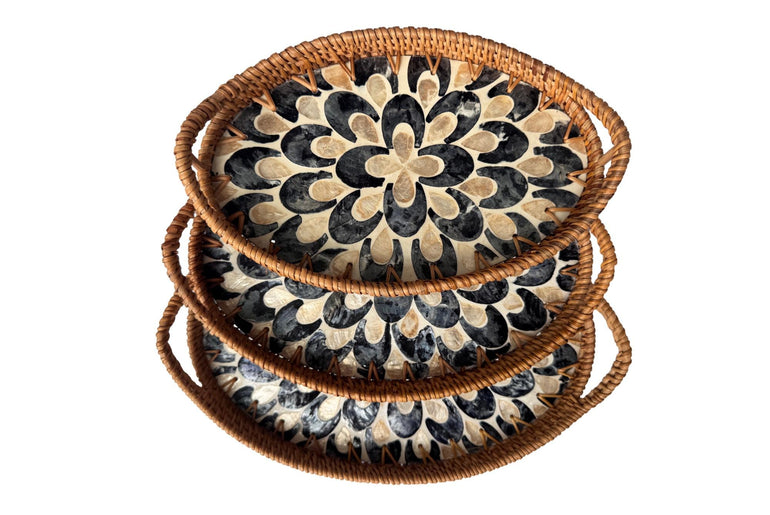 Oval Rattan Tray with Handles and Mother of Pearl Inlay Base, Handmade Woven Serving Tray, Boho Home Decor, Handmade Vietnam 110