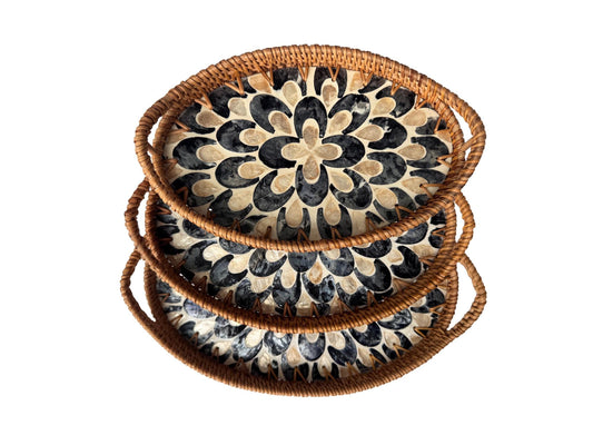 Oval Rattan Tray with Handles and Mother of Pearl Inlay Base, Handmade Woven Serving Tray, Boho Home Decor, Handmade Vietnam 110
