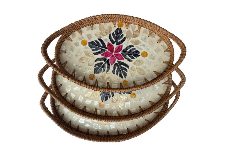 Oval Rattan Tray with Handles and Mother of Pearl Inlay Base, Handmade Woven Serving Tray, Boho Home Decor, Handmade Vietnam 134