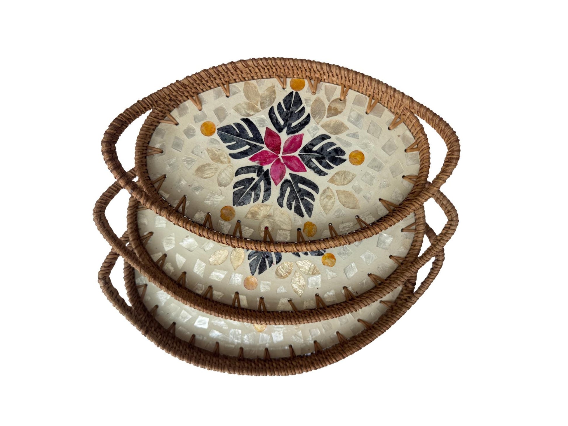 Oval Rattan Tray with Handles and Mother of Pearl Inlay Base, Handmade Woven Serving Tray, Boho Home Decor, Handmade Vietnam 134