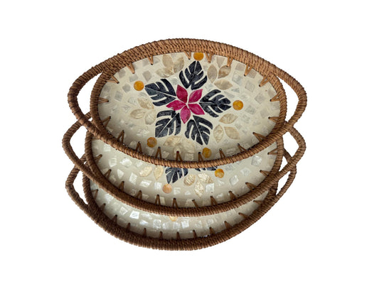Oval Rattan Tray with Handles and Mother of Pearl Inlay Base, Handmade Woven Serving Tray, Boho Home Decor, Handmade Vietnam 134