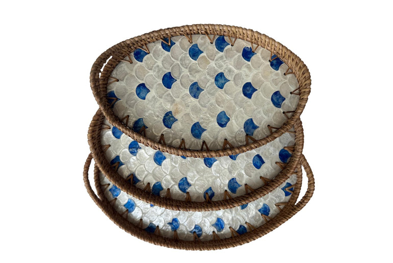 Oval Rattan Tray with Handles and Mother of Pearl Inlay Base, Handmade Woven Serving Tray, Boho Home Decor, Handmade Vietnam 133