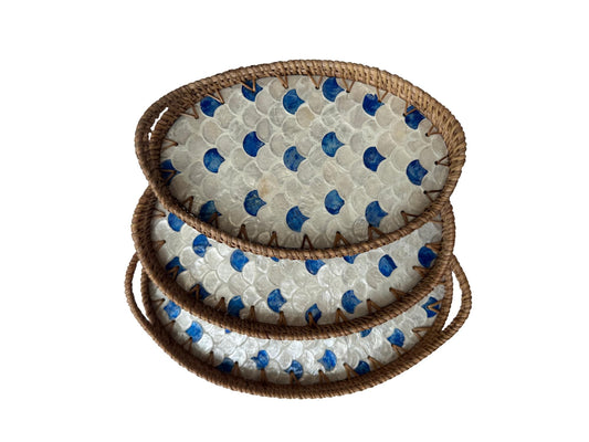 Oval Rattan Tray with Handles and Mother of Pearl Inlay Base, Handmade Woven Serving Tray, Boho Home Decor, Handmade Vietnam 133