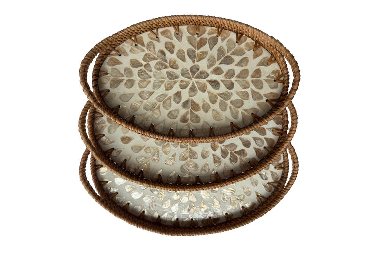 Oval Rattan Tray with Handles and Mother of Pearl Inlay Base, Handmade Woven Serving Tray, Boho Home Decor, Handmade Vietnam 128