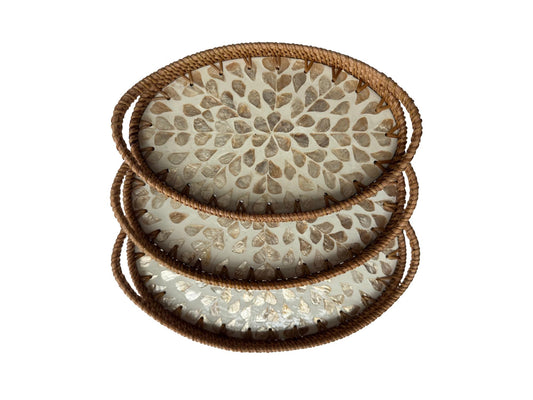 Oval Rattan Tray with Handles and Mother of Pearl Inlay Base, Handmade Woven Serving Tray, Boho Home Decor, Handmade Vietnam 128