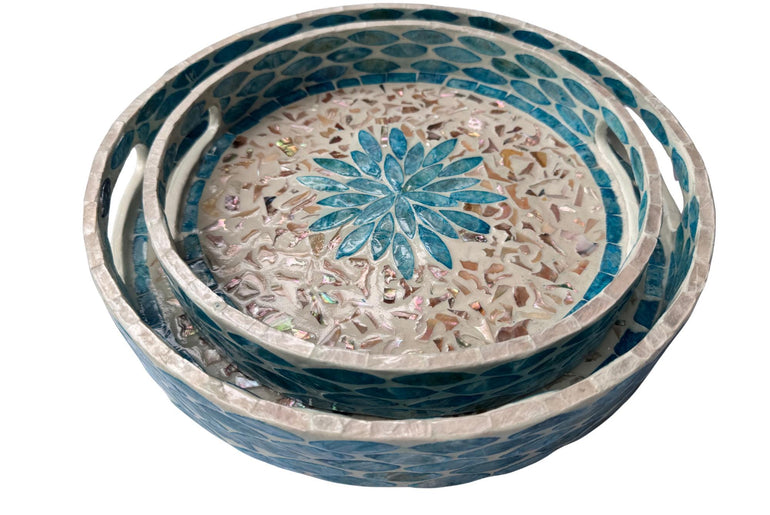 Handmade Round Shell Inlay Tray – Mother of Pearl Decorative Serving Tray, Elegant Coffee Table Organizer, Luxury Vanity Tray, Gift Idea