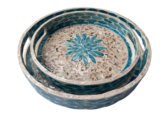 Handmade Round Shell Inlay Tray – Mother of Pearl Decorative Serving Tray, Elegant Coffee Table Organizer, Luxury Vanity Tray, Gift Idea
