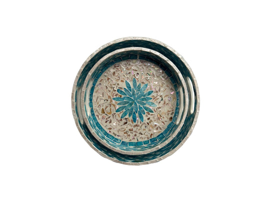 Natural Round Rattan Display Tray with Shell Inlay Base - Artisan Handmade Decor Tray for Coffee Table, Kitchen Serving, Made in Vietnam 31